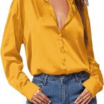 Hotouch Satin Silk Women Button Down Shirt Long Sleeve V Neck Casual Loose Work Office Blouse Tunic Tops